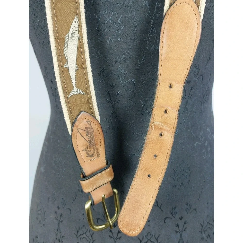 World Wide Sportsman Mahi Mahi Fish Ribbon Belt Sz 44 Brown Leather‎ Canvas USA